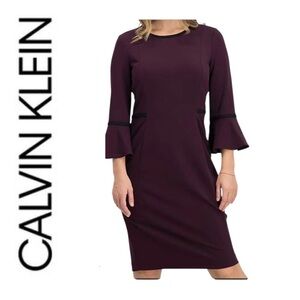Calvin Klein Women’s Plum Bell Sleeve Black Piping Trim Sheath Dress Size 4